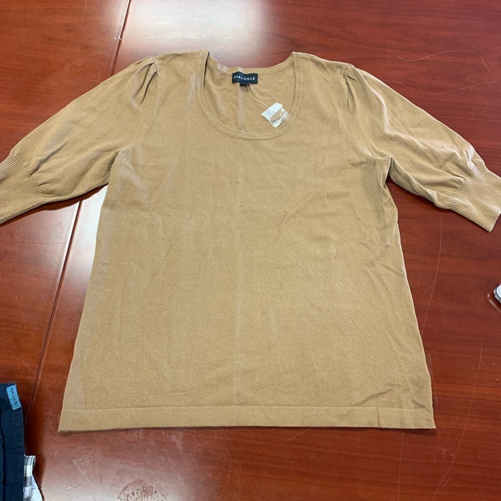 Dialogue Brown Puff Sleeve Fine Knit Sweater M NWT